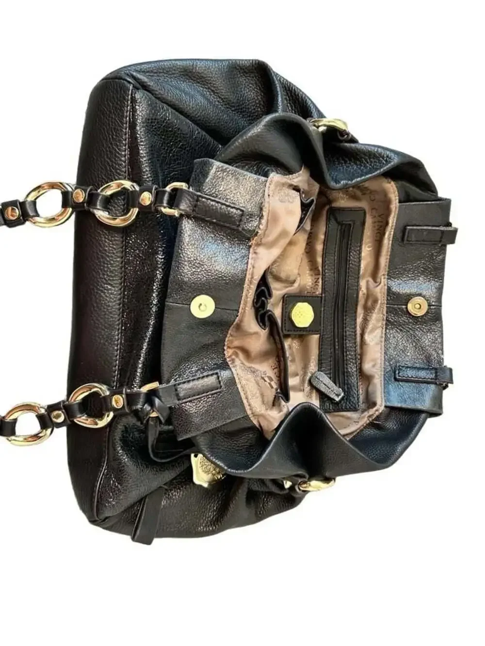 Vince Camuto Black Pebbled Leather Hobo Shoulder Bag with Gold-Tone Chain Link D
